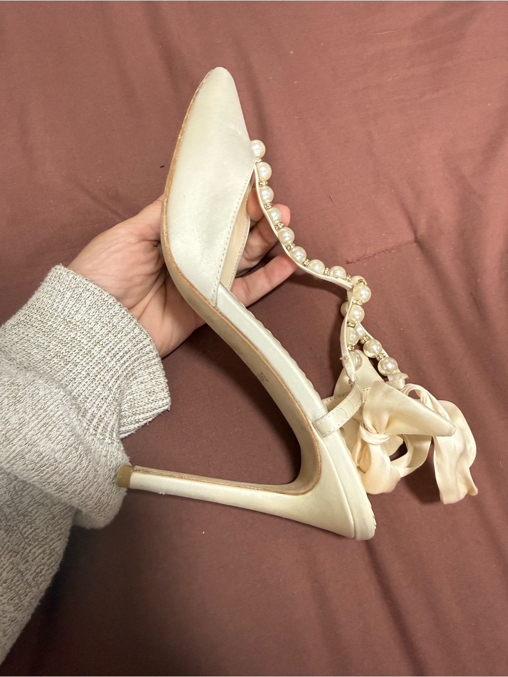 Bella Belle Lisbeth Bridal Heels- Pearl-Trim Satin Pointed-Toe Heels in Ivory - Picture 5 of 15